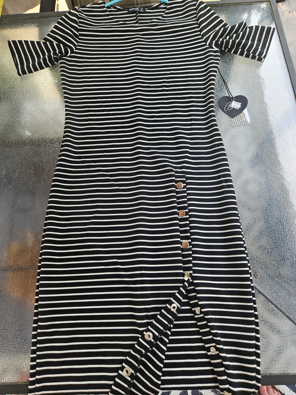 Popular Basics Black & White Striped Midi Dress with Button Front Detail